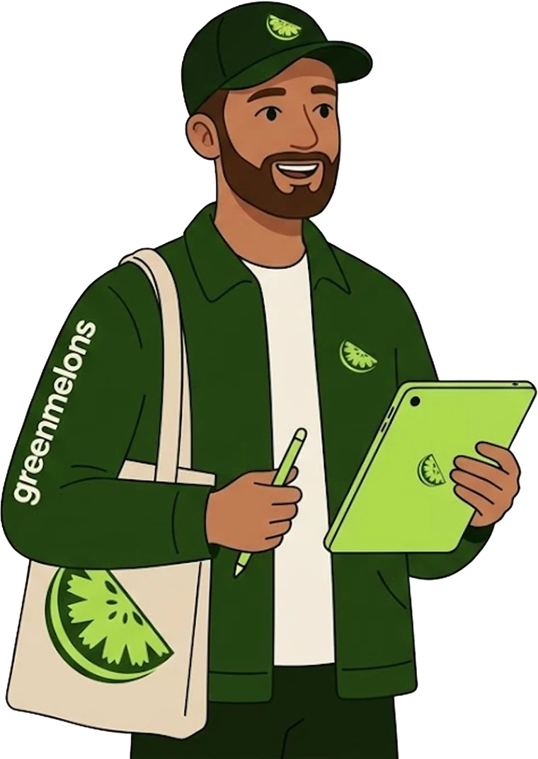 Smiling Greenmelons team member in a green jacket and cap, holding a lime tablet and a melon tote