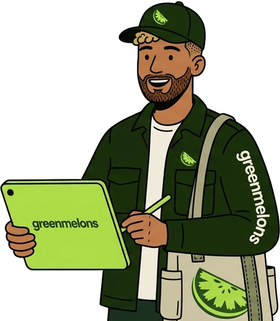 Smiling Greenmelons team member in a green jacket and cap, holding a lime tablet and a melon tote