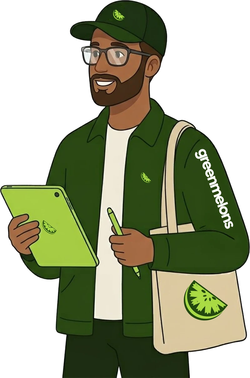 Greenmelons team member with glasses, holding a lime tablet and pen, melon tote on his shoulder